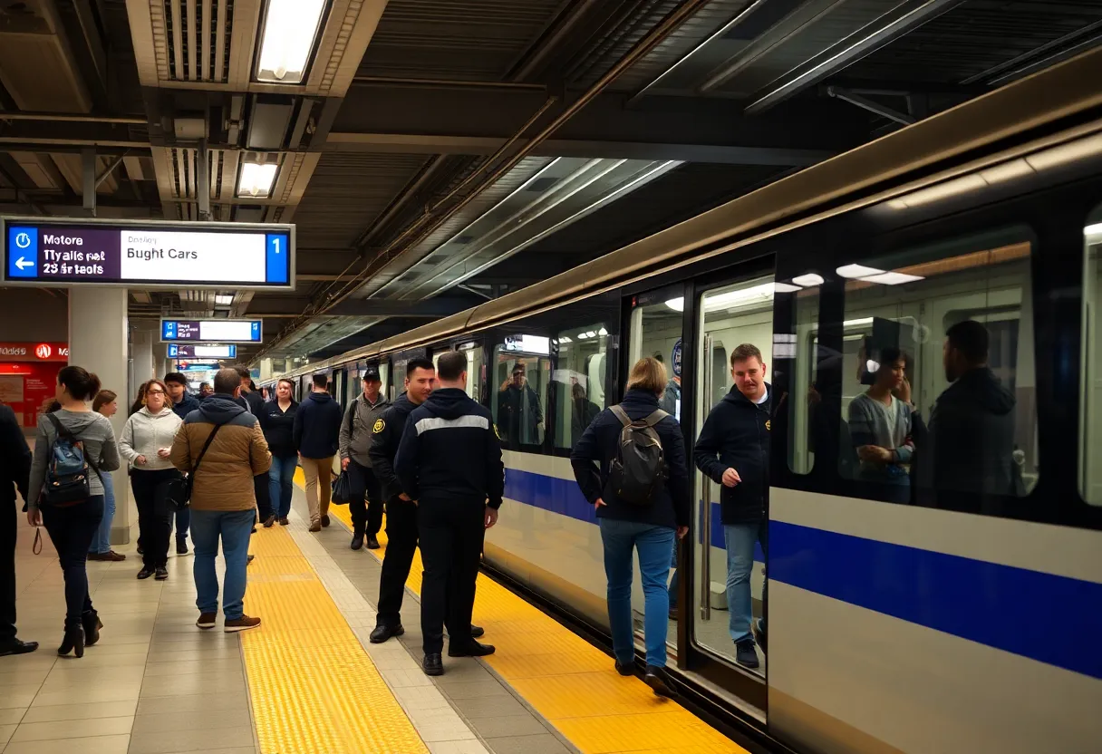 Charlotte light rail station with passengers and security personnel