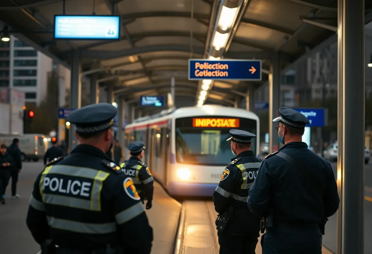 A busy light rail station in Charlotte, North Carolina with police presence.