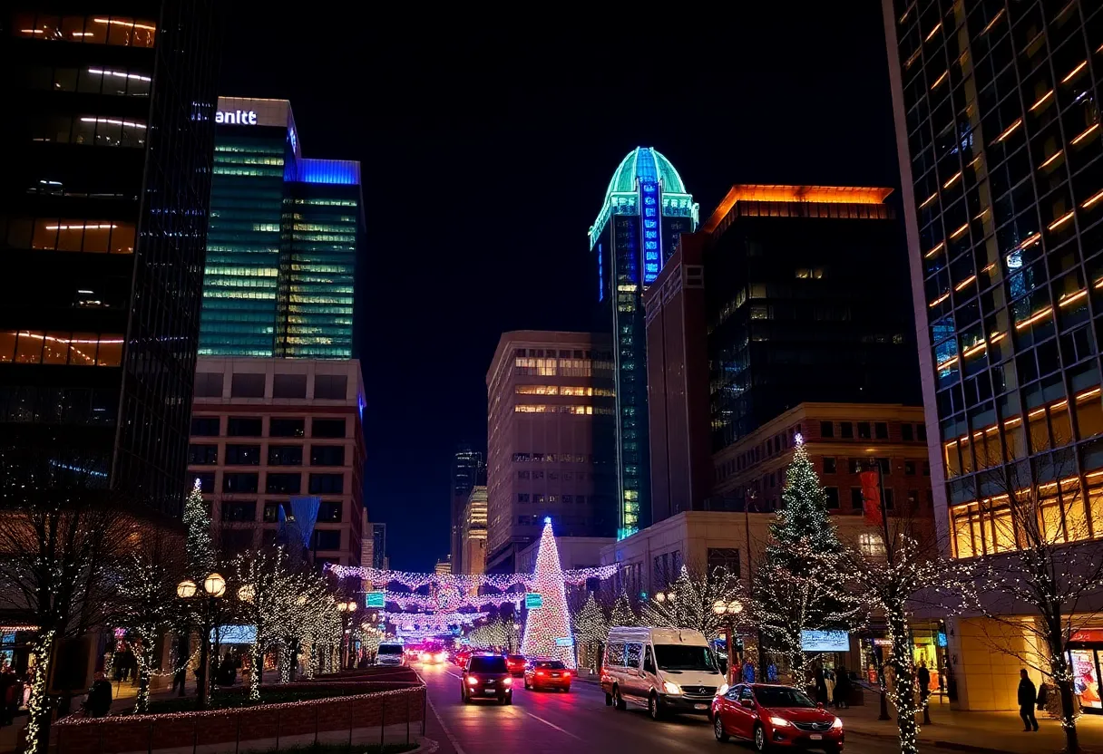 Cityscape of Charlotte NC decorated for the holidays
