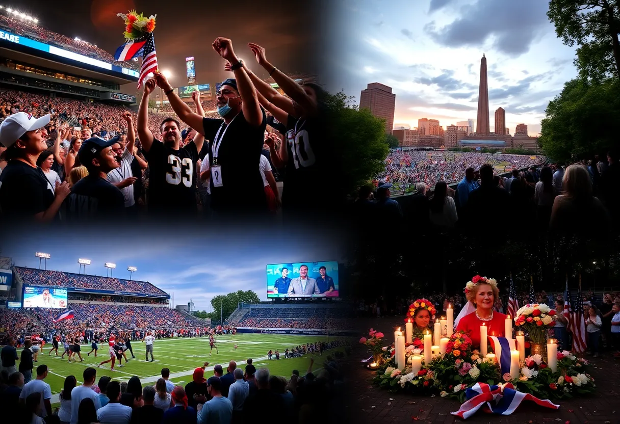 Collage of Charlotte NC events including a football celebration and a memorial scene