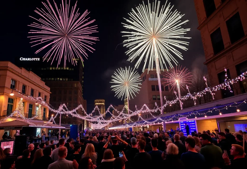 Crowd celebrating New Year's Eve in Charlotte with fireworks and live music.