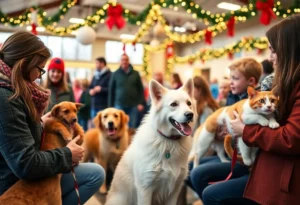 Families at the Charlotte pet adoption event with adoptable pets