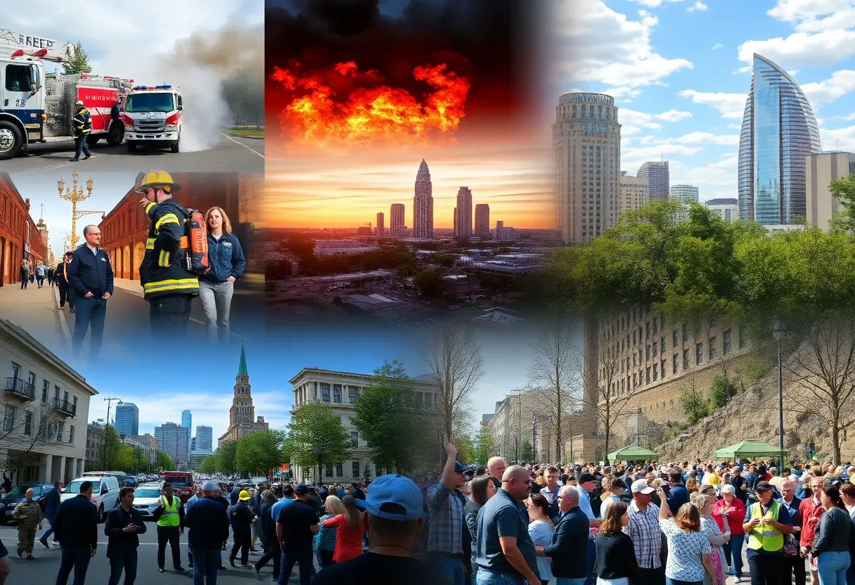 A collage of emergency response actions in Charlotte, including police and fire services.