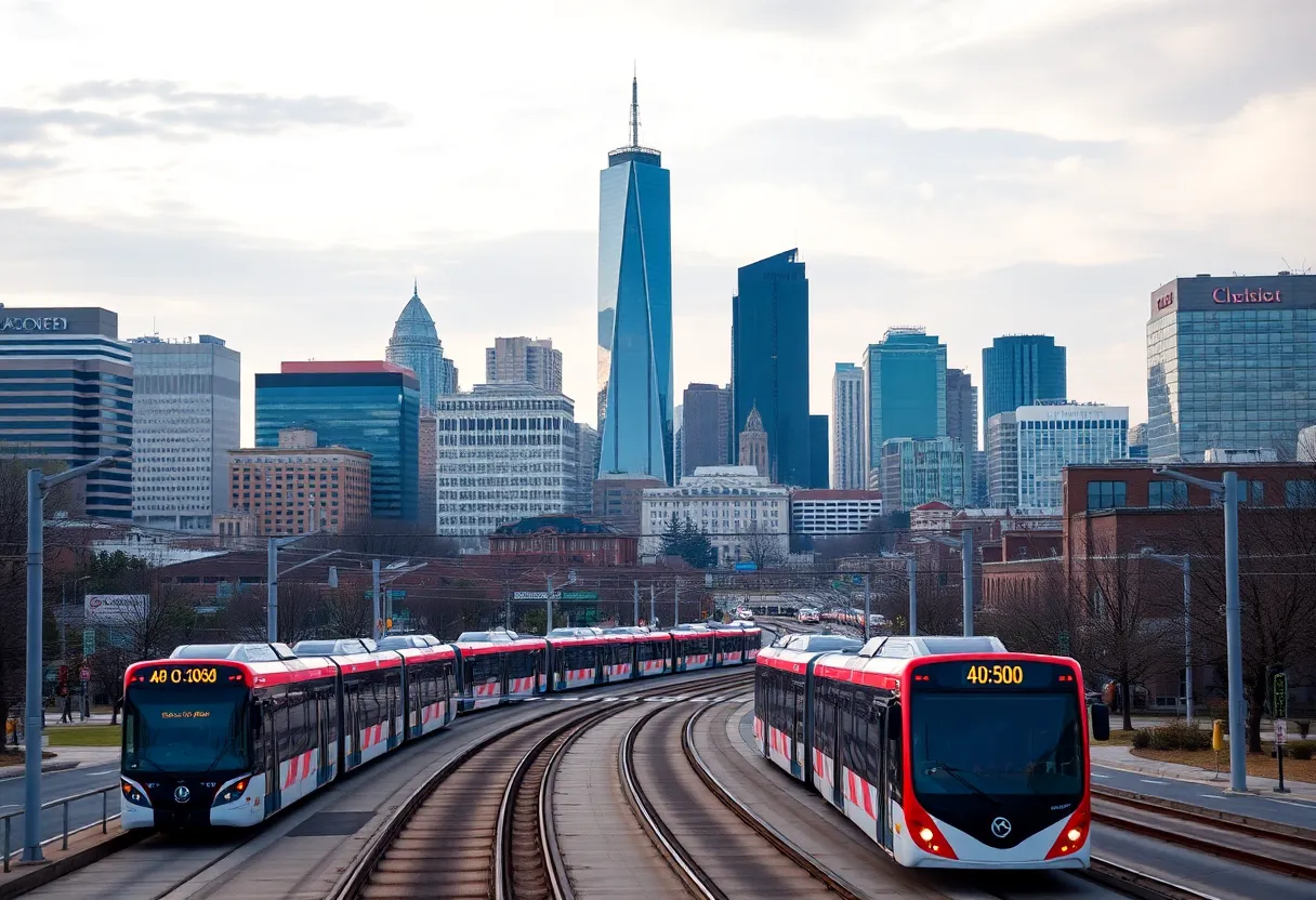 City skyline of Charlotte with light rail and buses representing public transportation