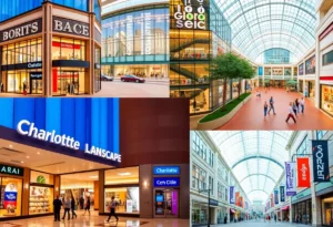 A collage of Charlotte's retail environment displaying stores and shopping areas
