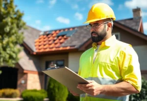 A construction worker examining a suburban roof for damage related to insurance fraud investigation.