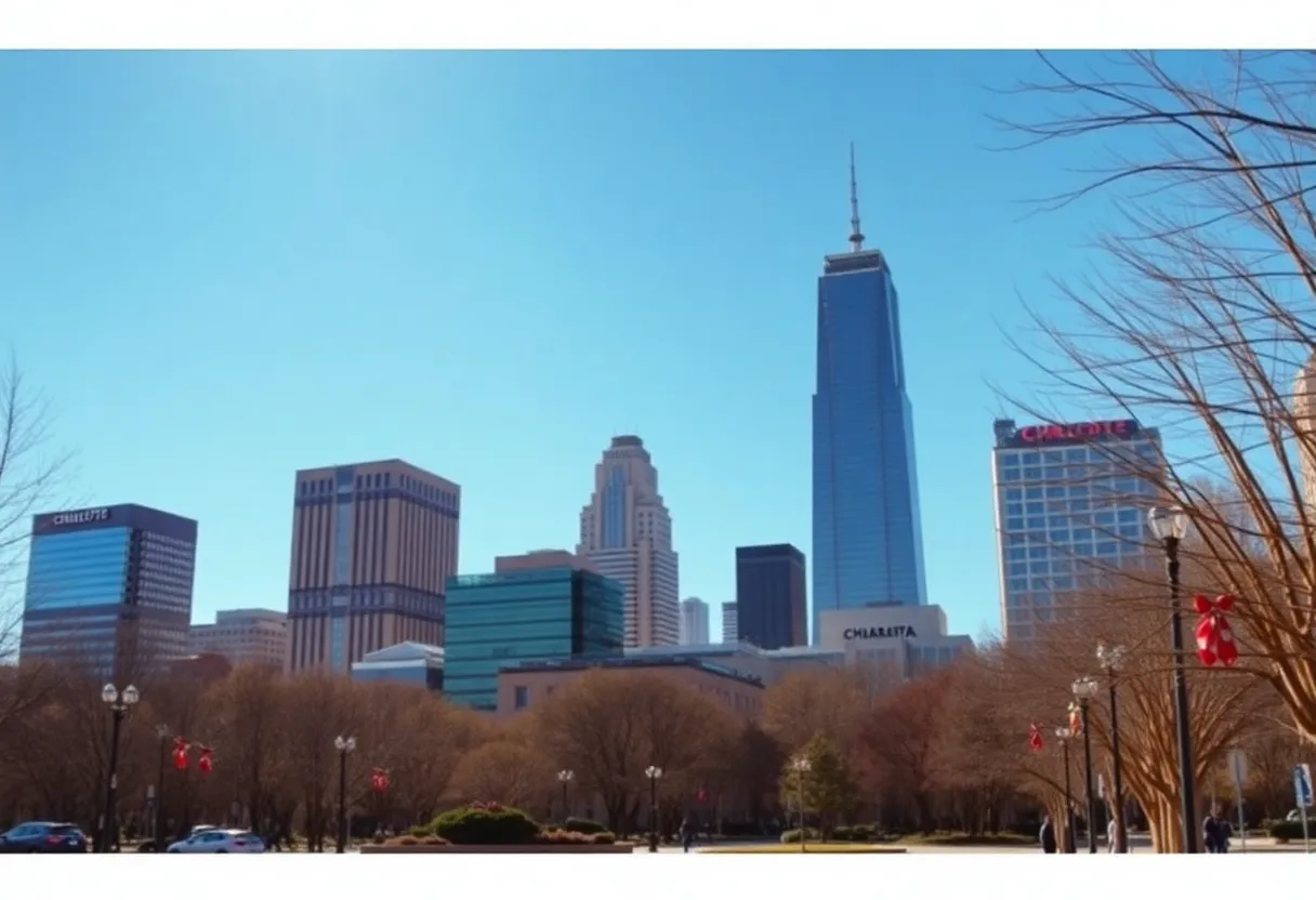Charlotte skyline under a clear sky during the holidays