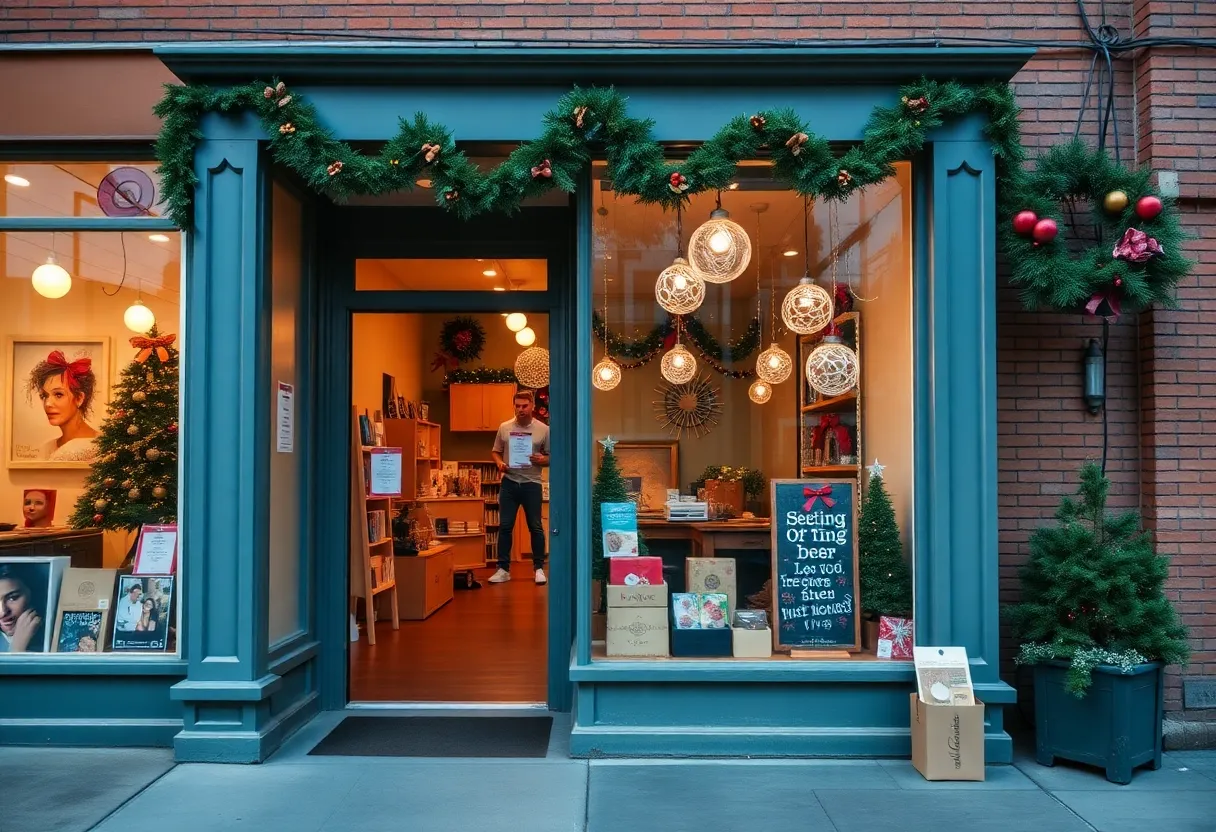 A Charlotte small business storefront with holiday decorations and a lack of shoppers.