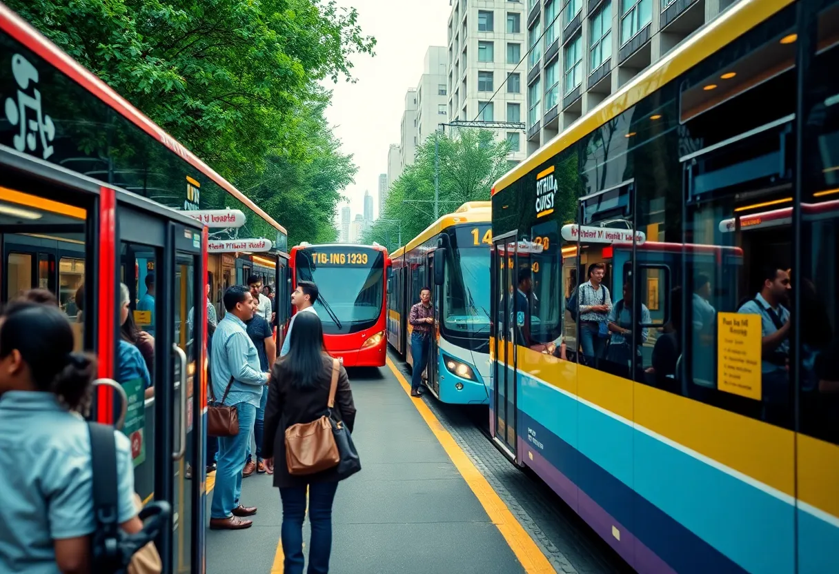 Public transit system in Charlotte featuring buses and rail in a bustling urban environment.