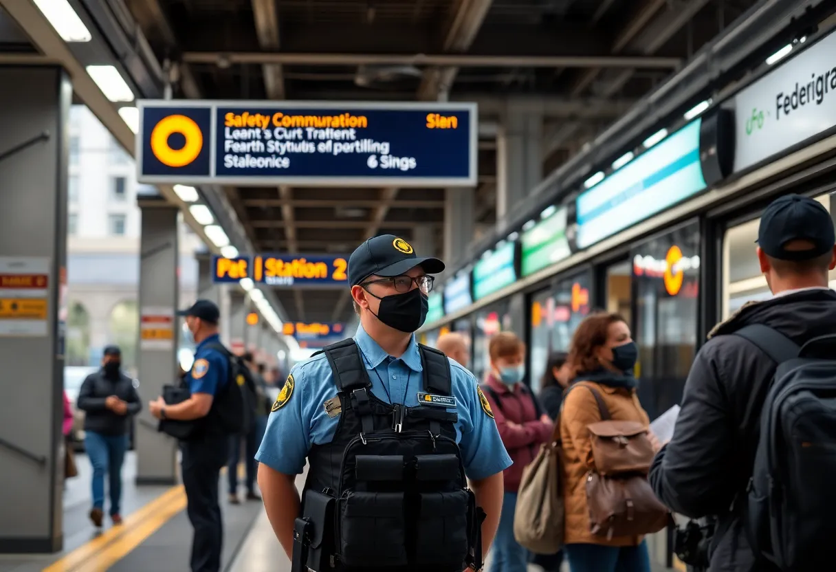 Active transit station in Charlotte with security personnel and commuters.