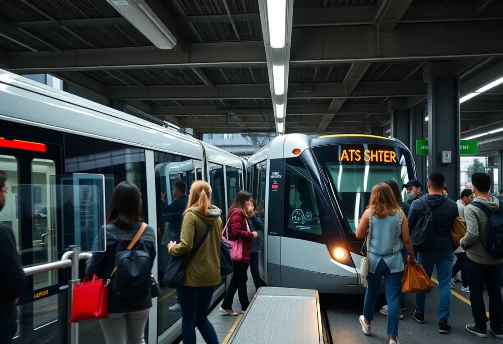 A busy Charlotte transit station with light rail train and passengers.