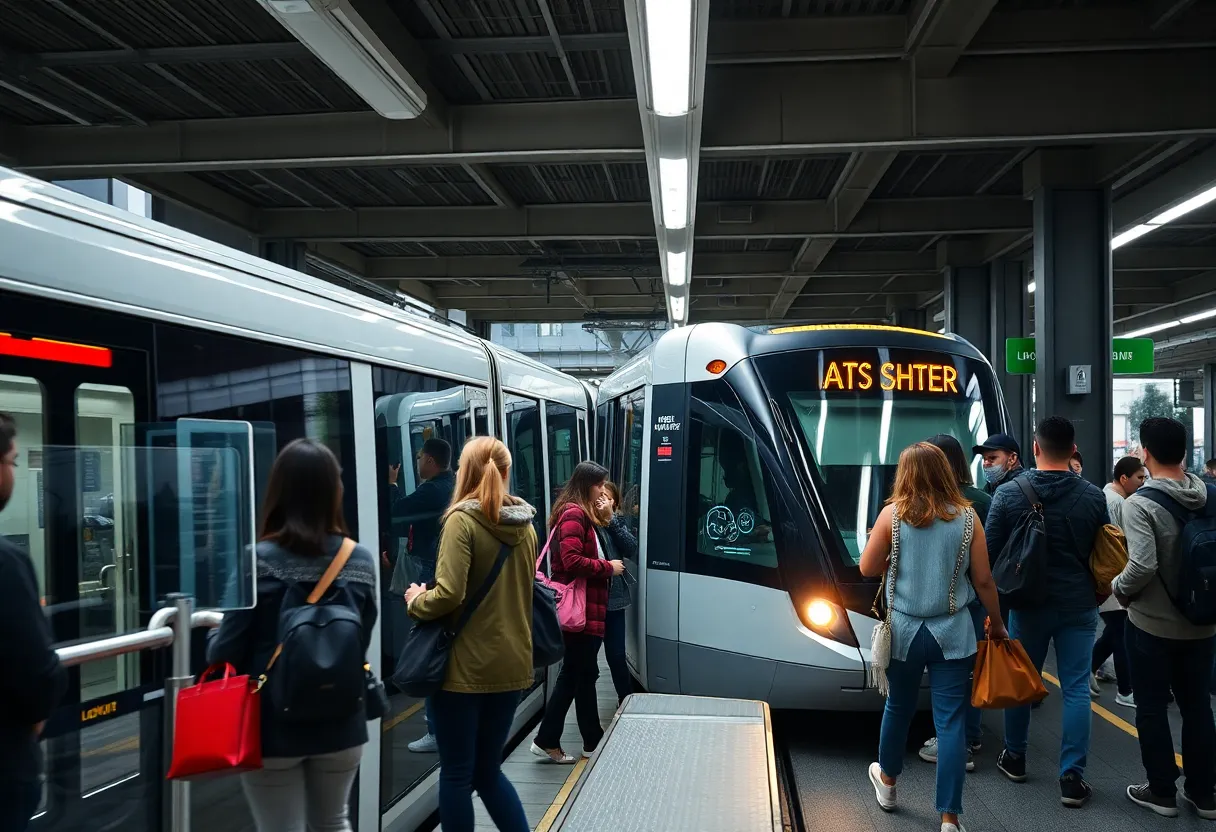 A busy Charlotte transit station with light rail train and passengers.