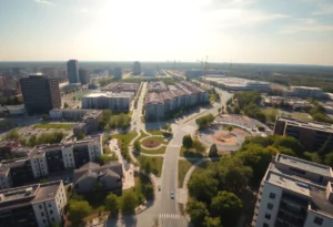 Aerial view of Charlotte showing ongoing urban developments and transformations
