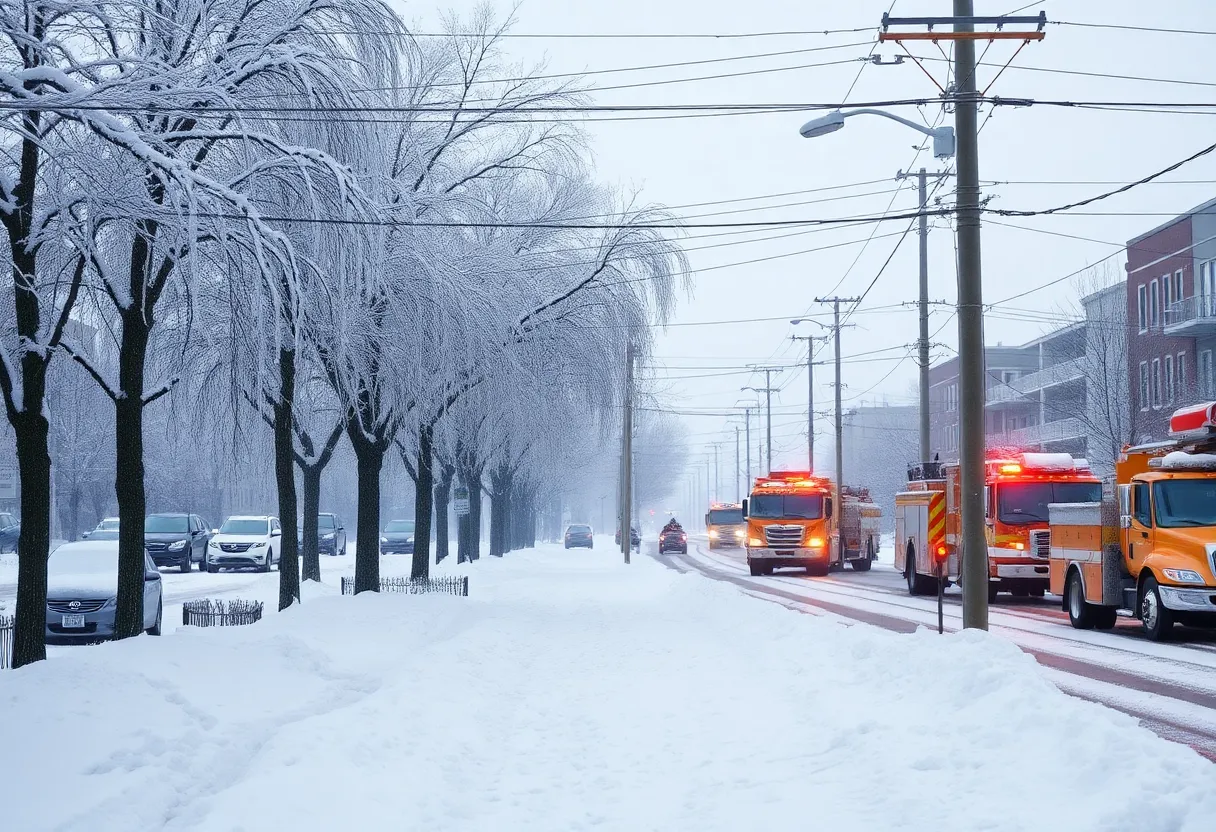 Winter storm causing power outages in Charlotte, with icy conditions and emergency services at work.
