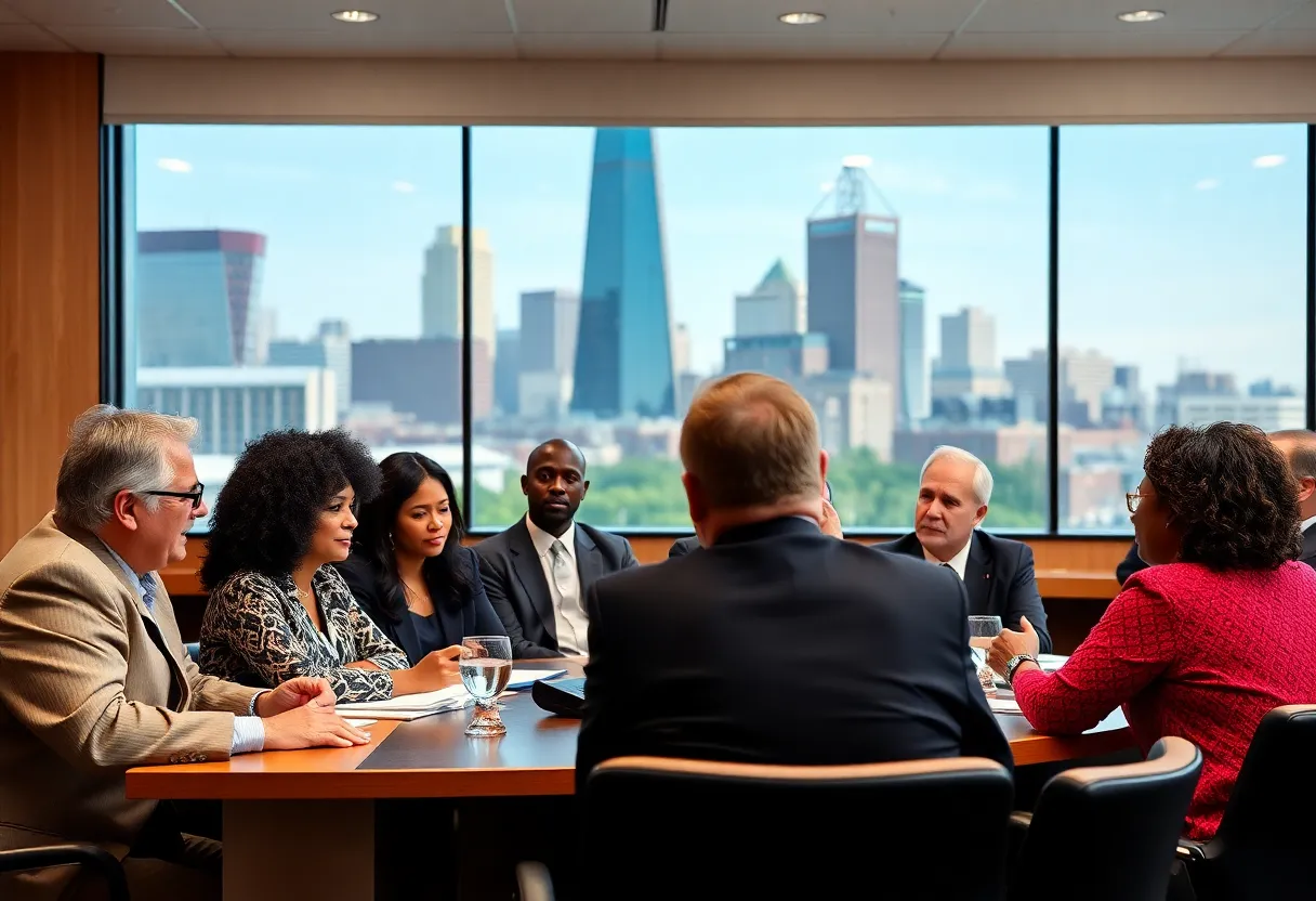 Diverse city council members participating in a meeting in Charlotte.