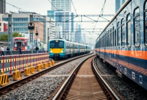 Urban train tracks in Charlotte at a safety zone.