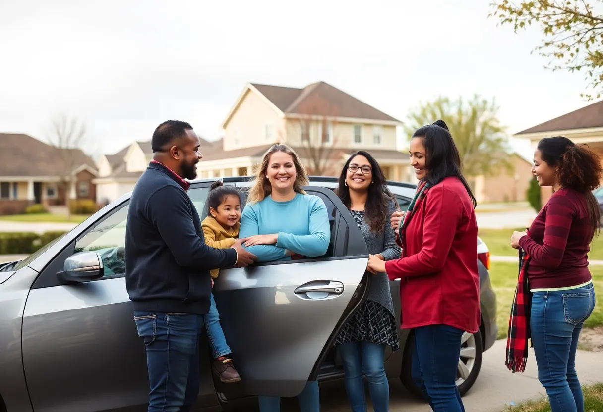 A mother and children happily receiving a donated vehicle from a nonprofit organization in Charlotte.