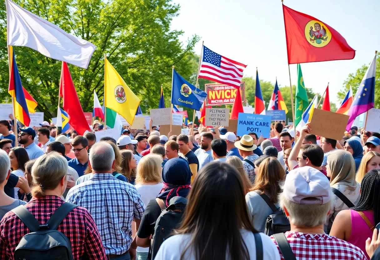 A lively political rally with diverse participants expressing their views.