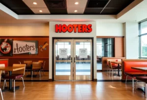Interior view of a closed Hooters restaurant with empty tables and chairs.