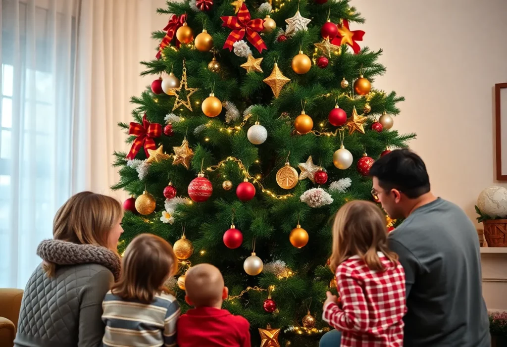 Families gathering around a Christmas tree during CMPD's annual tree lighting ceremony honoring victims of violent crime.