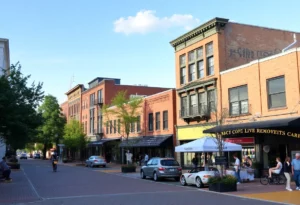 A busy street in Columbia SC showcasing local businesses and renovated buildings.