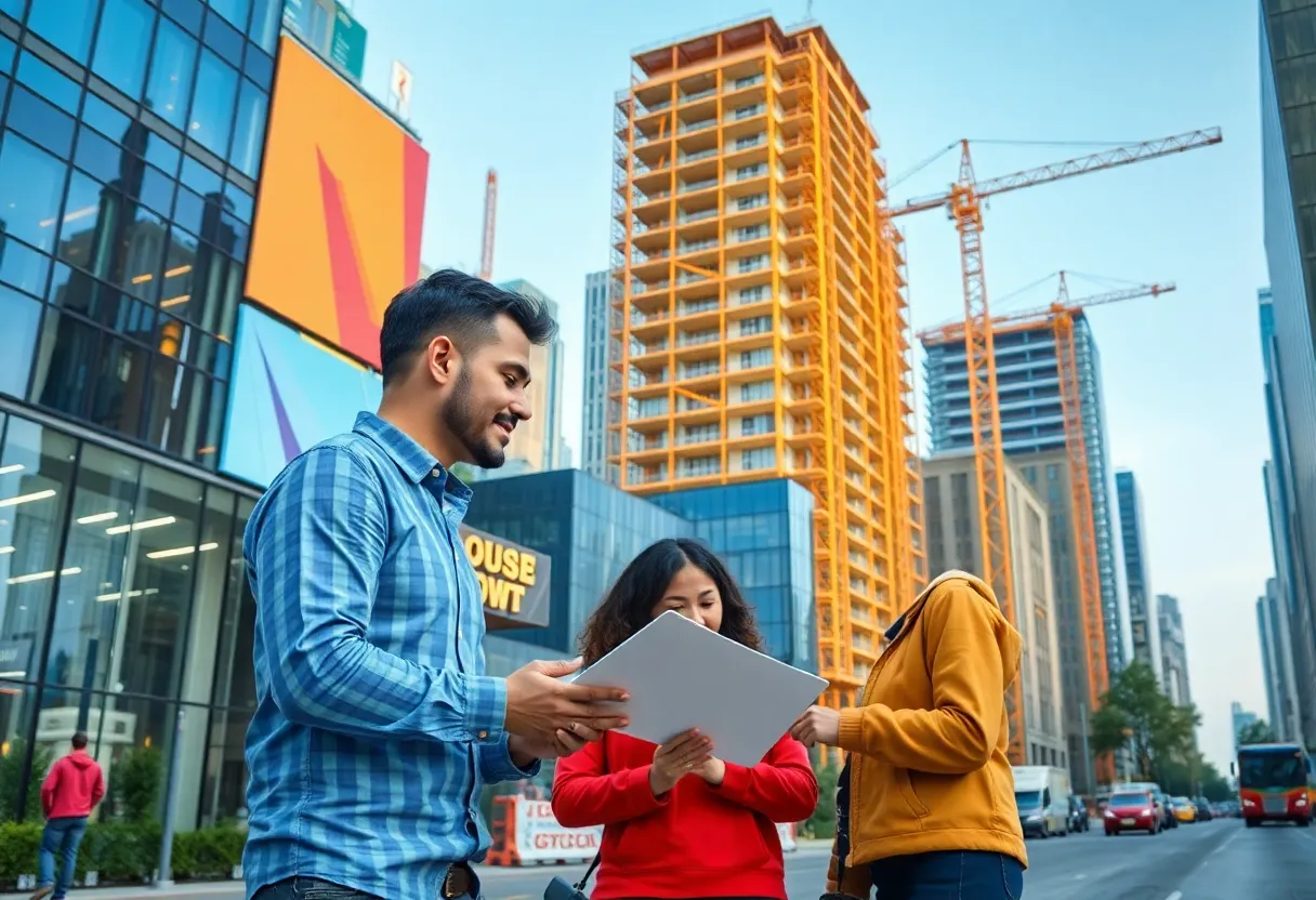 A bustling urban scene in Columbia SC showing new businesses and community collaboration.
