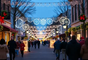 Festive holiday lights in Columbia SC with people enjoying various events.