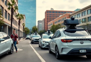 A bustling street in Columbia SC featuring autonomous vehicles and entrepreneurs.