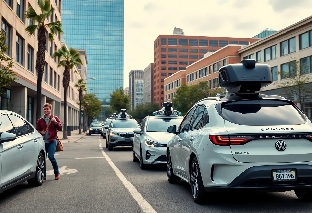 A bustling street in Columbia SC featuring autonomous vehicles and entrepreneurs.