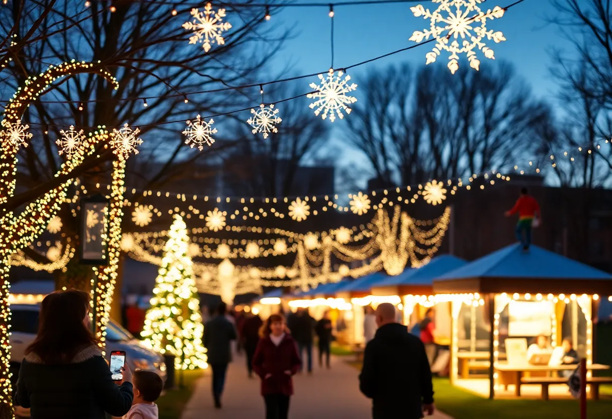 Holiday lights illuminating a park in Columbia, SC.