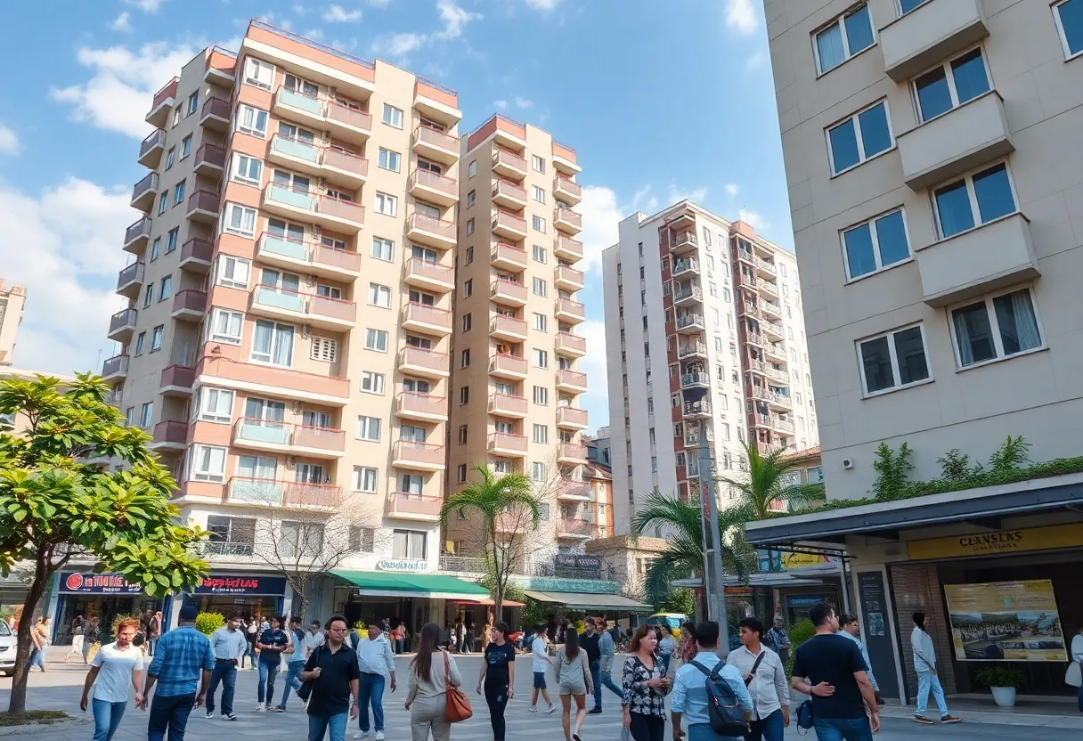 Urban development in Columbia SC with modern apartments and community spaces.