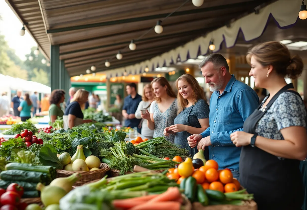 Local farmers and artisans interacting with customers at a community market in Columbia, SC.