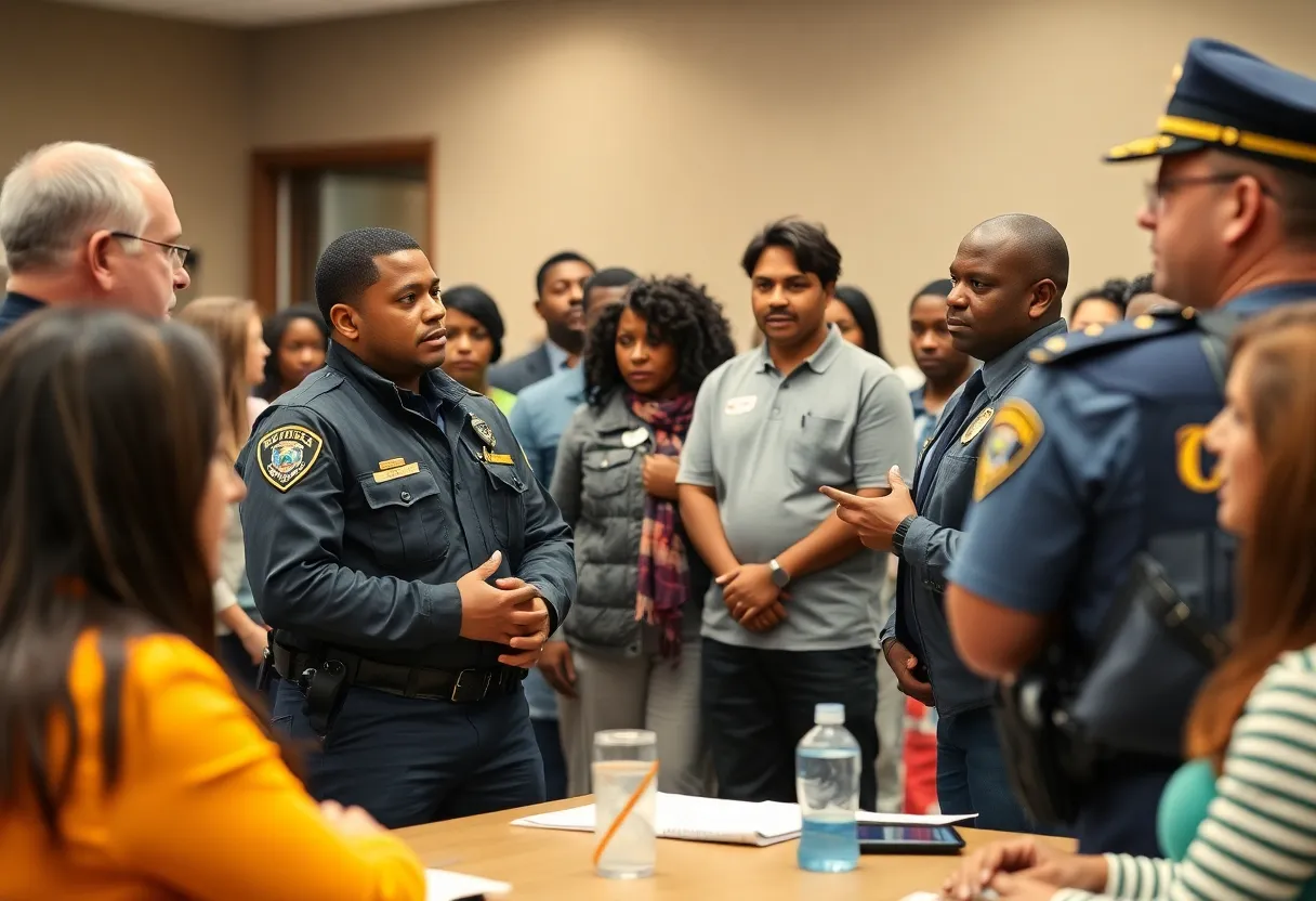 Community members and police officers discuss public safety concerns.