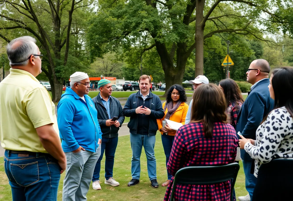 Residents and leaders discussing public safety measures in a community gathering.