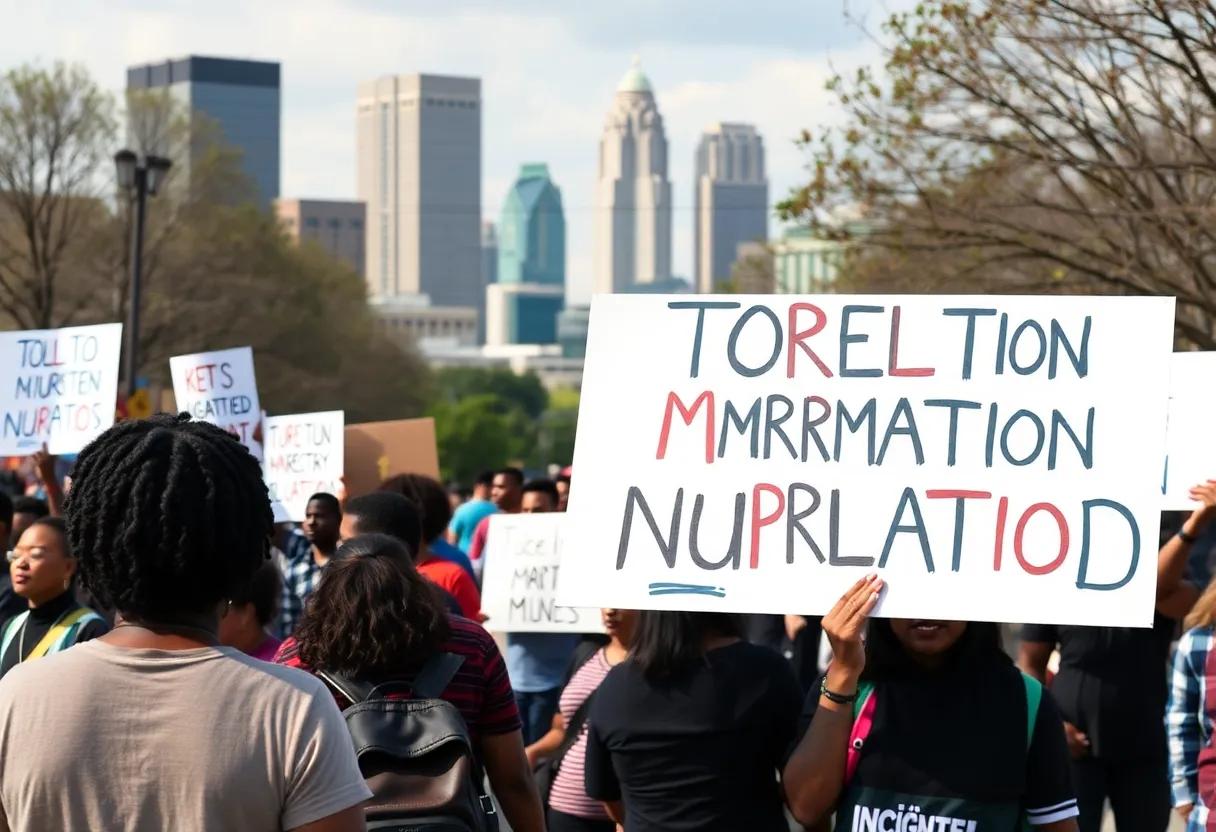 Protesters gathering in front of Charlotte skyline against immigration law enforcement.