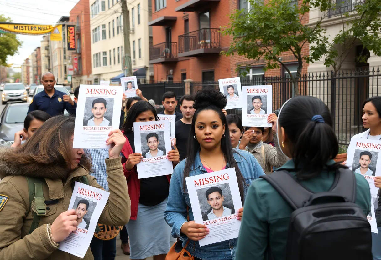 A group of people in a neighborhood searching for a missing mother.