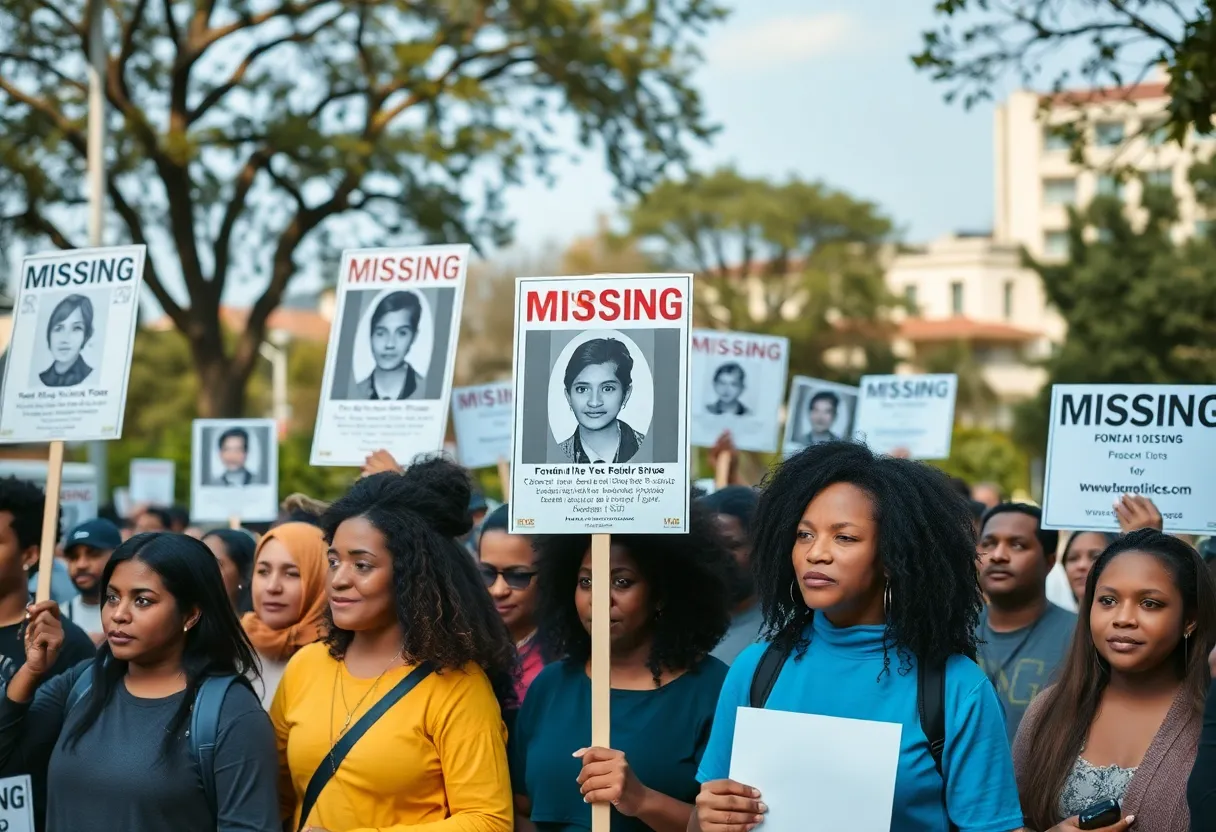 Community members holding signs in support of a missing mother with a neighborhood background.
