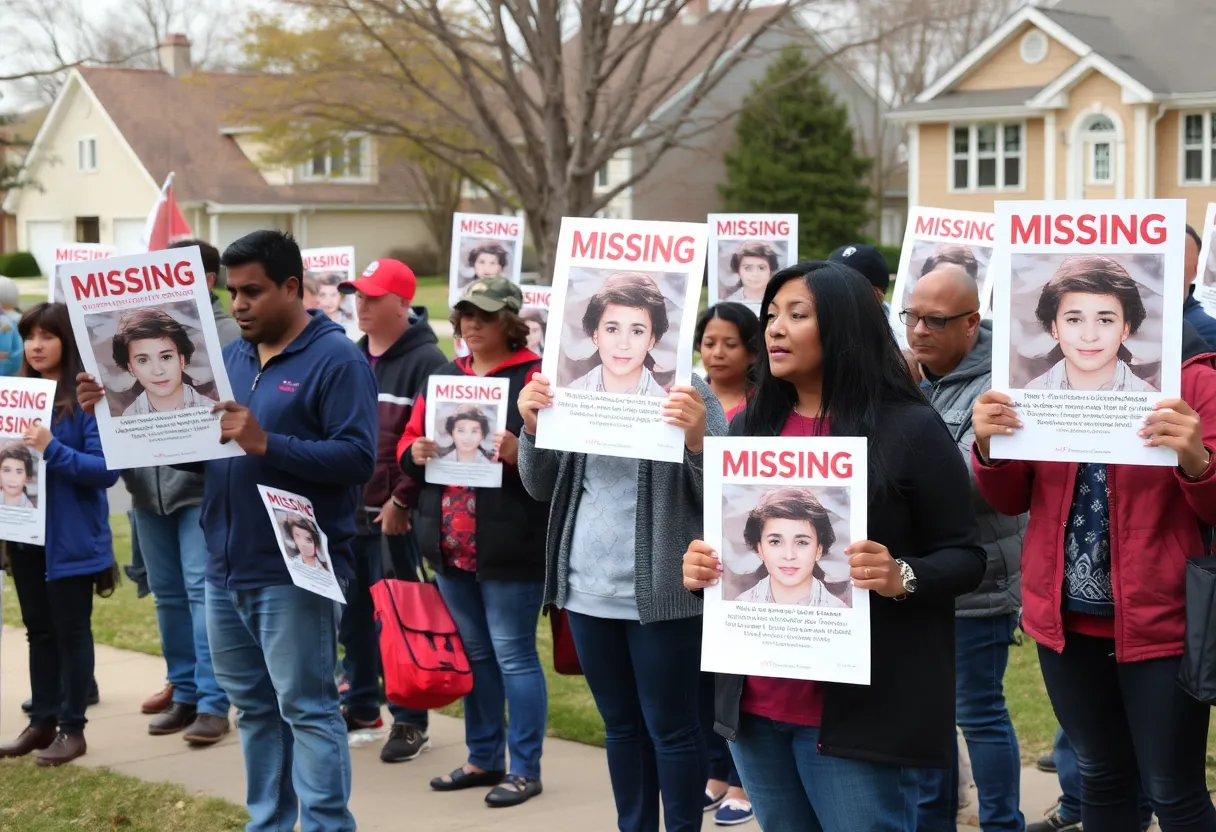 Community members holding signs for a missing teenager in a neighborhood.
