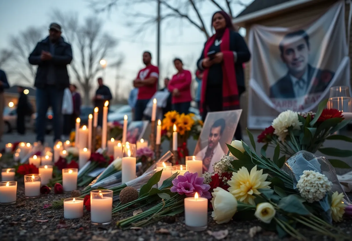 Candles and flowers at a vigil for John Luke Moore