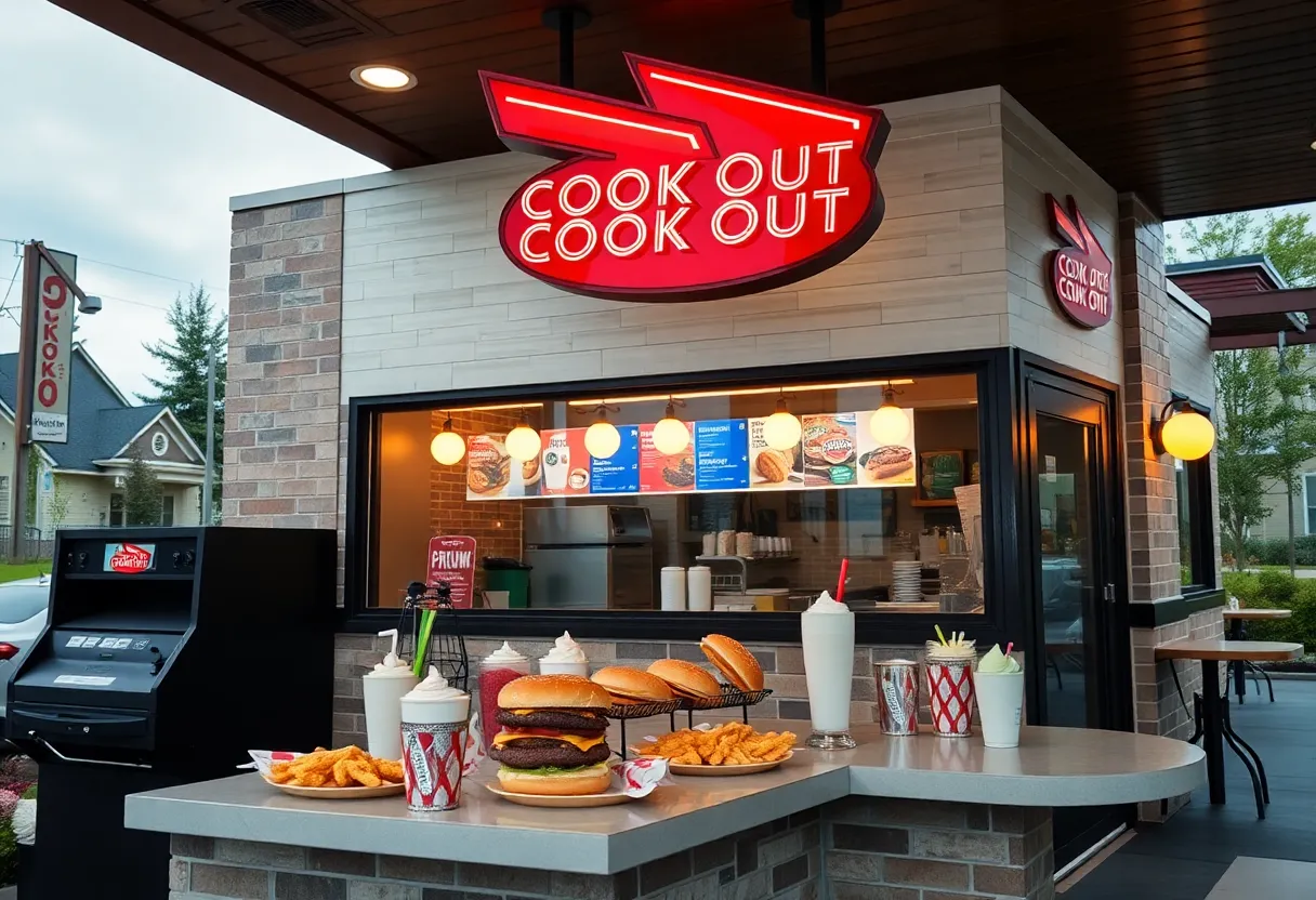 New Cook Out restaurant with chargrilled burgers and shakes