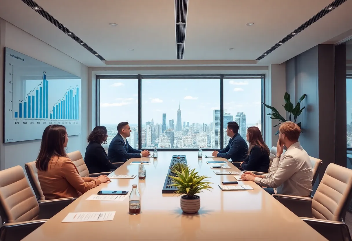Executives discussing corporate strategies in a modern boardroom.