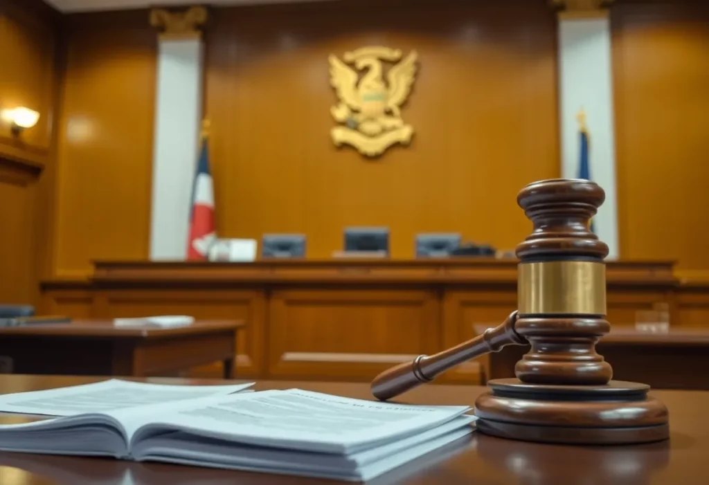 A courtroom interior highlighting a judge's bench.