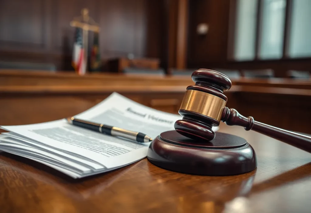 Court gavel and legal documents representing justice in domestic violence cases.