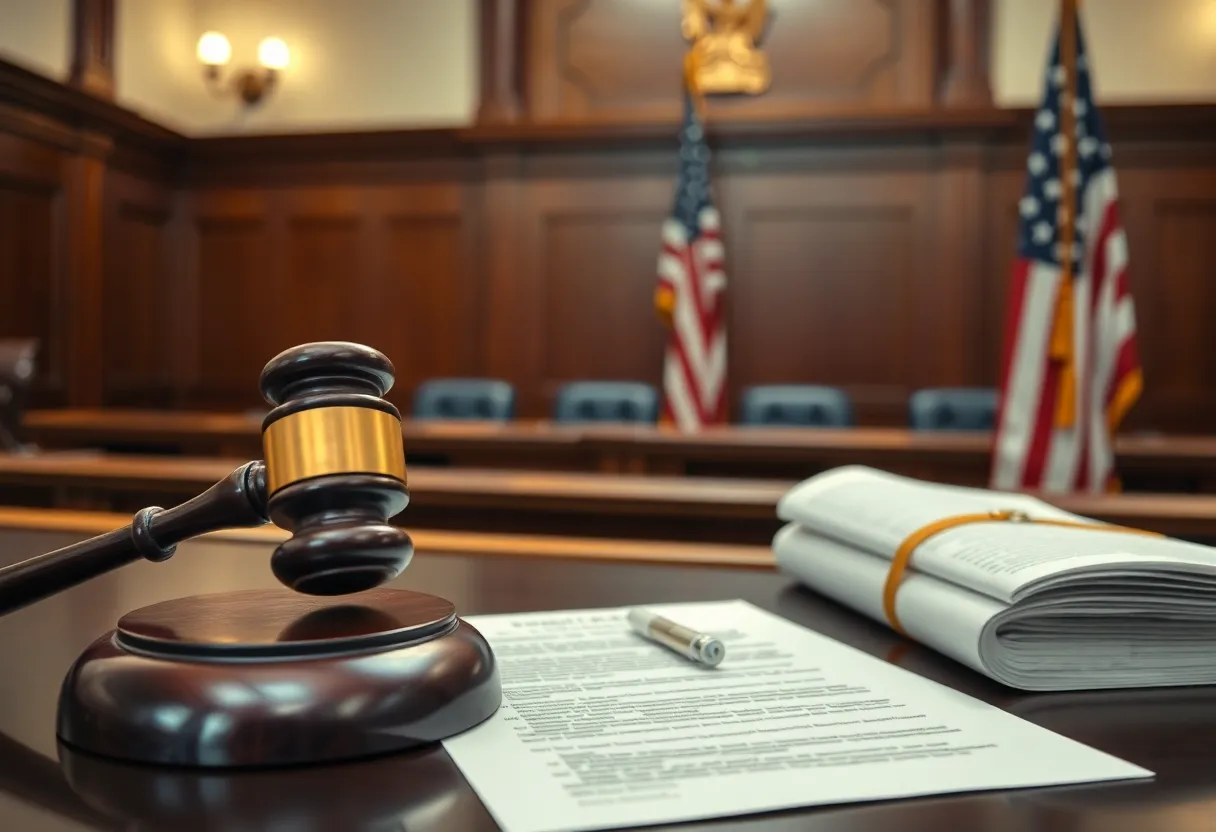 A courtroom setting symbolizing the justice system.