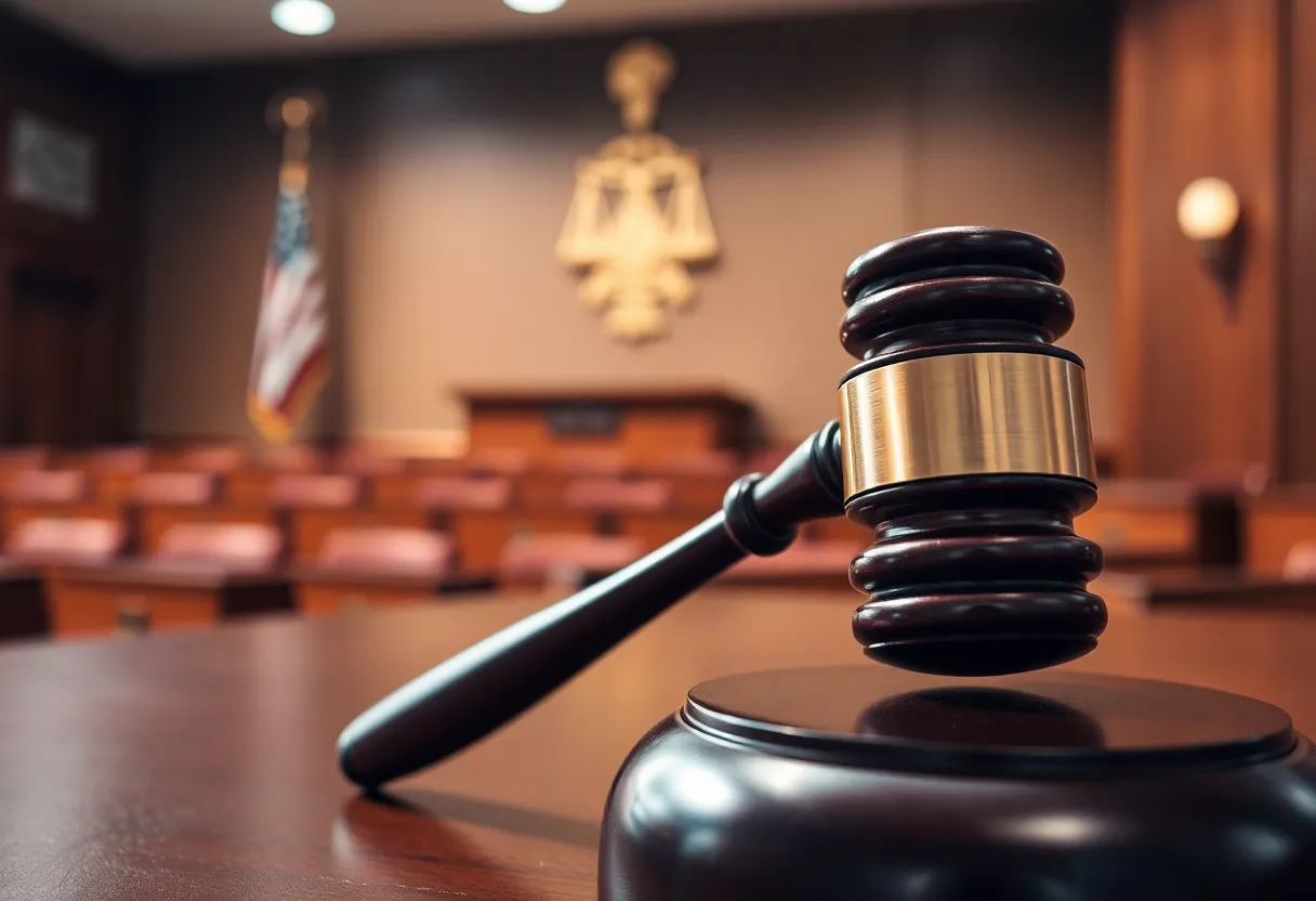 A gavel on a courtroom desk symbolizing justice.
