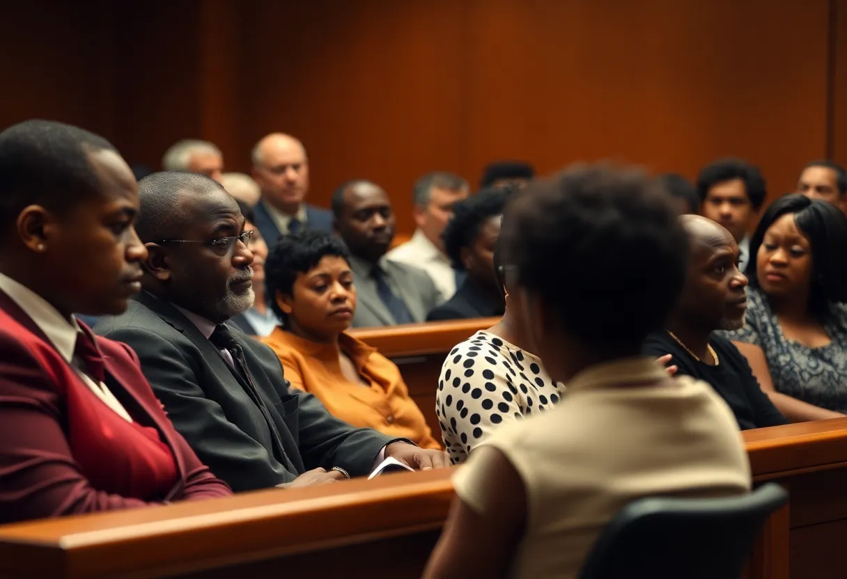Courtroom scene reflecting emotions during a sentencing case.