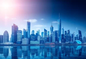 Modern city skyline with digital innovation elements