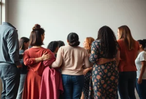 A diverse community showing support for domestic violence awareness.