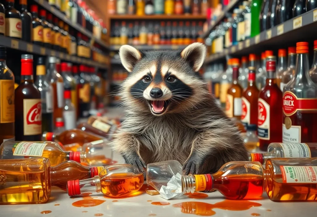 Raccoon in a liquor store causing chaos