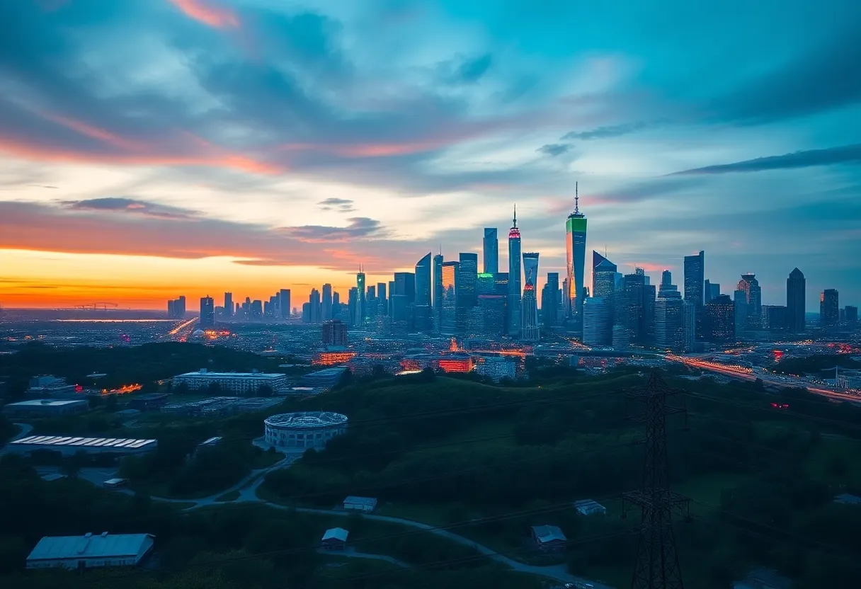 City skyline with data centers and power lines representing energy consumption